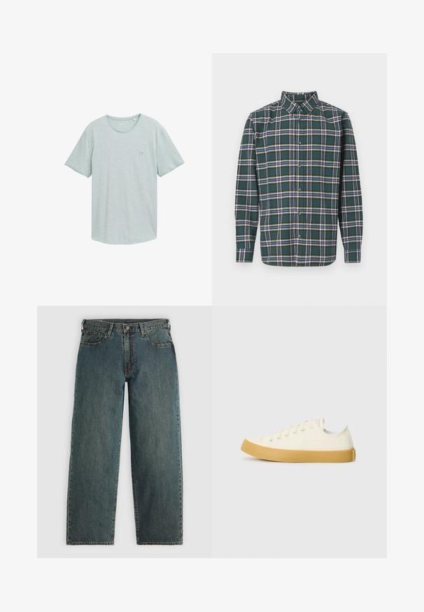 Svetlosivý krátky rukáv s okrúhlym výstrihom, vyrobený z jemnej bavlnenej látky, s malým logom na ľavej hrudi.; Zelená flanelová košeľa s károvaným vzorom, ktorá obsahuje modré, biele a horčicovo žlté pruhy. Zapínanie na gombíky vpredu a špičatý golier. Dlhé rukávy.; Tmavomodré džíny s rovnými nohavicami, so zapínaním na gombík a zips, prednými vreckami a pútkami na opasok na svetlošedom pozadí.; Plátne tenisky v off-white farbe s okrúhlym špičkou, s béžovými gumovými podrážkami a piatimi dierkami na šnúrky, textúrovaný povrch na hornej časti.