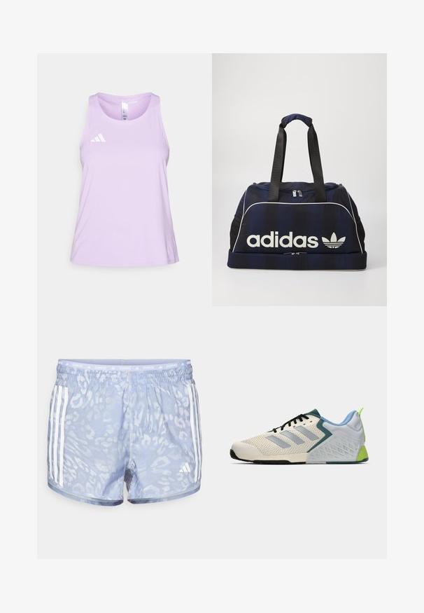 adidas Performance ADIZERO TANK - Top - powder plum; Light blue running shorts featuring a subtle leopard print, elastic waistband, and three white stripes on each side.; Lightweight athletic shoes featuring a cream mesh upper, grey stripes, a green accent, and a textured blue heel counter. Black laces.; Navy duffel bag with white Adidas logo, featuring a zippered top, two sturdy black handles, and side mesh pockets. Smooth fabric texture.