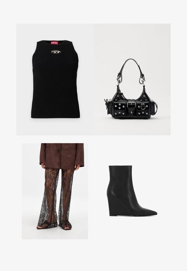 Sort ribbet tanktop med rund halsudskæring, udstyret med et sølvfarvet Diesel-logo i midten. Stoffet er tekstureret og tætsiddende.; Sorte blonde flarebukser med et blomsterprint, gennemsigtig tekstur og brede benåbninger, parret med brune slid-sandaler.; Sort kileanläge støvle lavet af tekstureret læder; har en spids tå og et glat, strømlinet design med en kontureret silhuet.; Sort læderhåndtaske med et buet design, prydet med sølvfarvede nitter, en spænde og to sidelommer. Justerbar rem til forskellige bære muligheder.