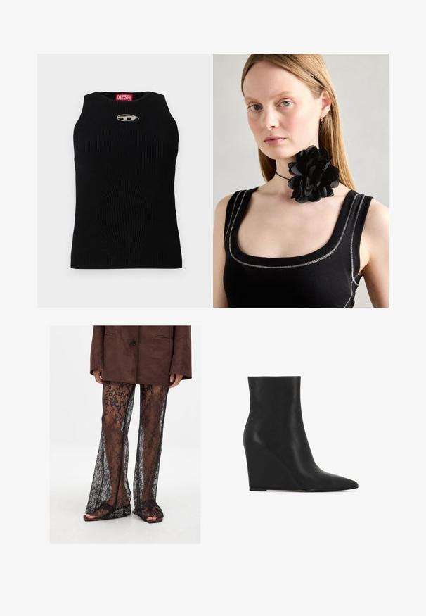 Top senza maniche nero a coste con scollatura rotonda, caratterizzato da un logo Diesel argentato al centro. Il tessuto è testurizzato e aderente.; Pantaloni a zampa d'elefante in pizzo nero con motivo floreale, tessuto trasparente e aperture delle gambe ampie, abbinati a sandali scivolati marroni.; Stivale ankle a zeppa nera realizzato in pelle texturizzata; presenta una punta affusolata e un design liscio e sinuoso con una silhouette sagomata.; Collana choker a forma di fiore nero realizzata con petali sovrapposti, indossata con un top a coste nero che presenta accenti argentati lungo il colletto e le spalle.