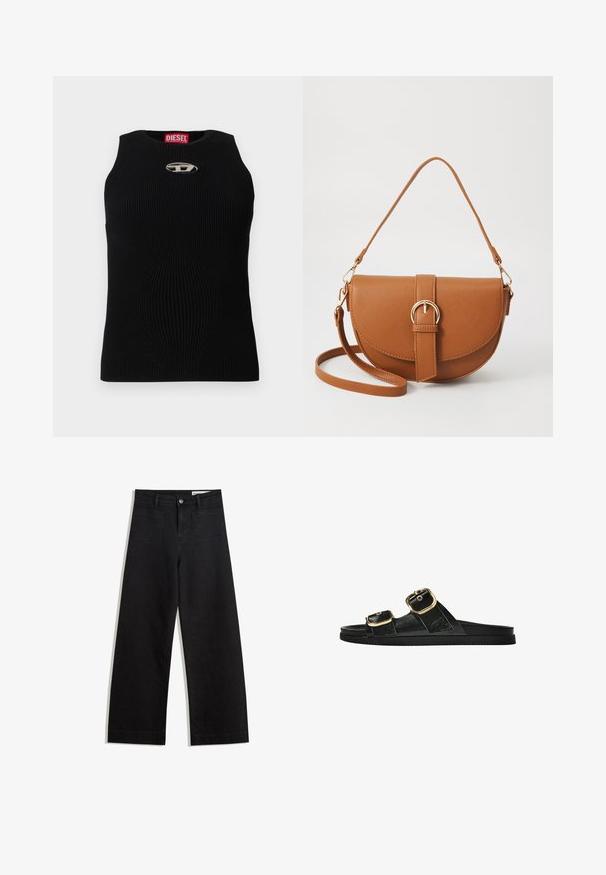 Sort ribbet tanktop med rund halsudskæring, udstyret med et sølvfarvet Diesel-logo i midten. Stoffet er tekstureret og tætsiddende.; Sorte wide-leg denim bukser med høj talje, der har front- og baglommer, syede sømme og en knaplukning. Glat tekstur.; Sort skridsandal med to guldspænder, glat tekstureret materiale, flad sål og et minimalistisk design.; Brun læder crossbody taske med en buet form, guldfarvet hardware og en spændeaccent. Har en aftagelig skulderrem.
