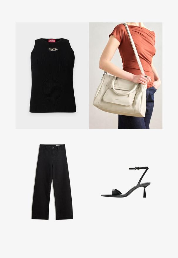 Schwarzes geripptes Tanktop mit rundem Halsausschnitt, das ein silbernes Diesel-Logo auf der Vorderseite zeigt. Der Stoff ist strukturiert und figurbetont.; Schwarze weit geschnittene Jeans mit hoher Taille, ausgestattet mit Vorder- und Hintertaschen, gesteppten Nähten und einem Knopfverschluss. Glatte Textur.; Bershka High Heel Sandalette - black; Weiße Lederhandtasche mit zwei Griffen und einem abnehmbaren Schulterriemen, ausgestattet mit einer vorderen Reißverschlusstasche und glatter Textur. Wird am Arm einer Person getragen.
