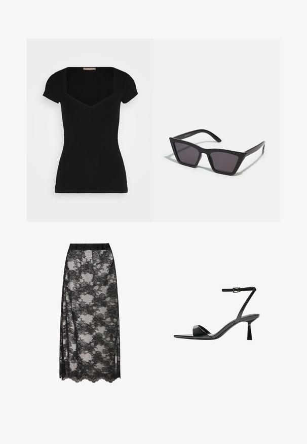 Črn rebrast top s kratkimi rokavi, globokim kvadratnim izrezom in prilegajočim silhueto. Ima gladko teksturo in minimalne oblikovne podrobnosti.; Črna čipkasta krila s valovitim robom, ki prikazuje cvetličen vzorec in prosojno teksturo. Elastičen pas za udobno nošnjo.; Bershka Sandali z visoko peto - black; Črne, angularne sončne očala z sivimi lečami; izdelana iz plastike, imajo debele ročke z gladko površino in brez vidne opreme.; Črna usnjena torbica za čez ramo z zaobljeno, oblikovano silhueto, ki ima zlato zaklepanje in eno nastavljivo naramnico. Gladka tekstura.