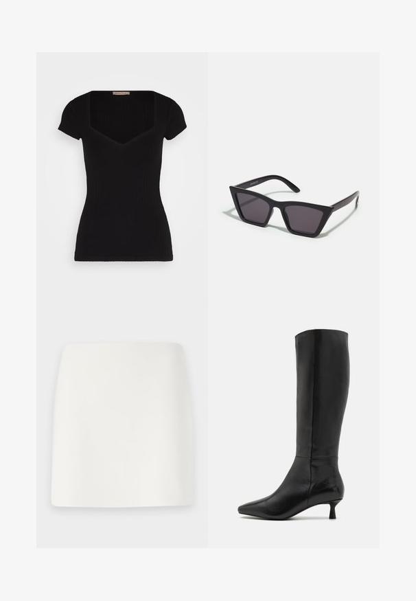 Musthave mustriba musta lühikeste varrukatega topp, millel on sügav ruudukujuline kaelus ja kehasõbralik siluett. Omab sileda tekstuuri ja minimaalset kujundust.; Valge, sobitatud mini seelik sileda tekstuuri ja puhtamate joontega. Ilma nähtavate mustrite või riistvarata. Sirge äär alumises servas.; Zign Saapad - black; Mustad mustrakellad, millel on hallid šabloonid; valmistatud plastist, paksude ja siledate kätega, ilma nähtava riistvarata.; Mustan sametist käsipakiga kotike, millel on tõmblukuga sulgemine ja eemaldatav randme rihm. Omab kuldse tooni riistu ja sileda, mati tekstuuri.