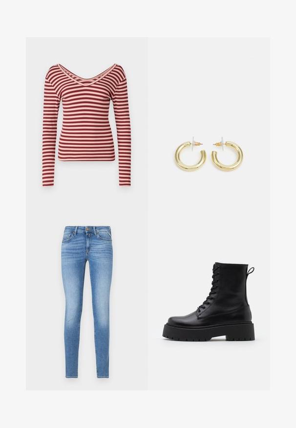 Long-sleeve top in red and pale pink stripes, featuring a deep V-neck with ribbed texture and fitted design.; Slim-fit light blue denim jeans with mid-rise waist, front button, and five-pocket design.; Black leather ankle boots with a round toe, lace-up front, and a thick rubber sole featuring a textured tread. Pull tab at the back.; Gold hoop earrings with a smooth, shiny finish. Circular design featuring a small post and clear backing for secure wear.