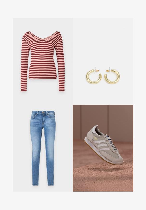 Pikendega topp punaste ja helesiniste triipudega, millel on sügav V-kaelus, sooniline tekstuur ja keha rõhutav lõige.; Kitsas lõikega helesinised denim teksad keskmise kõrgusega vöökohaga, esise nupuga ning viie taskuga disainiga.; Beežid tossud seemisnahast ja võrgust pealisega, valged kolm triipu, kummisest pruunid tallad, sinised paelad ja kuldse aktsendiga logo. Klasuurne retrodisain.; Kuldne rõngassõrmused sileda ja läikiva viimistlusega. Ringikujuline disain, millel on väike post ja selge tagumine külg, et tagada kindel kandmine.