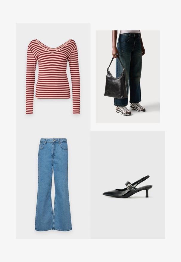 Pikendega topp punaste ja helesiniste triipudega, millel on sügav V-kaelus, sooniline tekstuur ja keha rõhutav lõige.; Heledad sinine flared teksade rõivad, millel on kõrge talje, viis taskut ja üks nupulukk. Pehme tekstuur ja pleekinud viimistlus.; Mustad patenteeritud nahast sildiga kontsad, millel on terav nina ja väike plokk-konts, mille rihmal on hõbedane pandla aksessuaar.; Must musta õlakott, millel on sile tekstuur ja reguleeritav rihm, koos pleekinud laia jalgadega teksade ja sportlike tossudega.