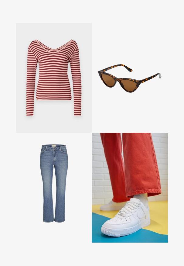 Hosszú ujjú felső piros és világos rózsaszín csíkokkal, mély V-kivágással, bordás textúrával és testhez simuló fazonnal.; Középkék egyenes szárú farmernadrág elöl gombos és cipzáras záródással, övrésszel, valamint elülső és hátsó zsebekkel.; Fehér bőr edzőcipő perforált orral, texturált talppal és fehér fűzővel, széles vörös nadrággal párosítva, kék és sárga háttérrel.; Cica szemüveg fekete és narancssárga teknőc pánttal, barna lencsékkel és sima, hegyes végekkel. A templomán egy minimalista logó található.; Arany fülbevalók sima, fényes felülettel. Kör alakú dizájn, amely kis kapoccsal és átlátszó tartozékkal rendelkezik a biztonságos viselés érdekében.