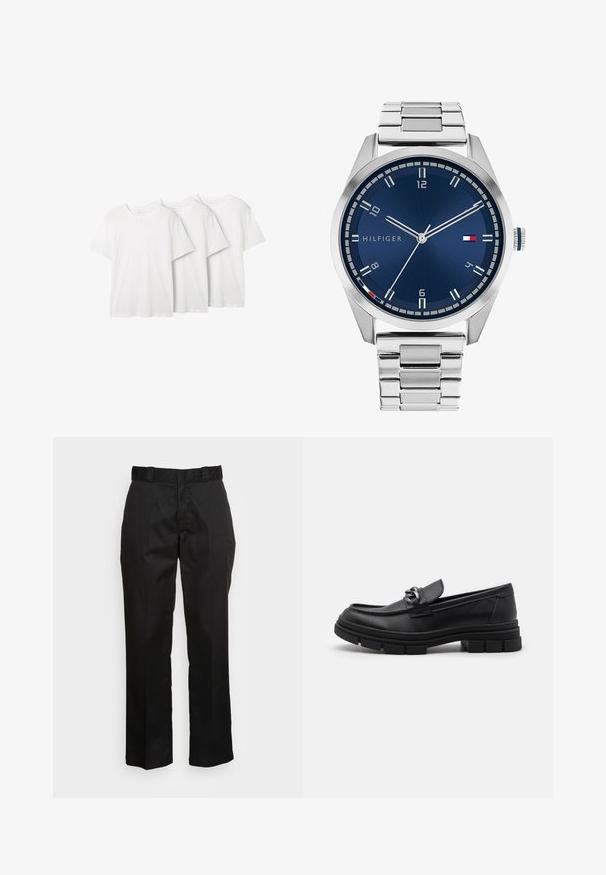 Trys paprastos baltos crew-neck tipo marškiniai pagaminti iš medvilnės. Trumpomis rankovėmis, su laisvu kirpimu. Kiekvienas turi etiketes ant kaklo. Be raštų ar akcentų.; Juodos kelnės pagamintos iš lygaus audinio, su tiesaus kirpimo dizainu, diržo kilpa ir dviem šoninėmis kišenėmis. Klasikinis stilius be puošmenų.; Juodos odinės loafer'iai su apvalia priekiu, dekoratyvine juostele ir metaliniais elementais, taip pat storiu tekstūruotu padu. Lygus paviršius su subtiliu detalizavimu.; Sidabrinis metalinis laikrodis su šlifuotu mėlynu ciferblatu, baltais valandų žymekliais ir datos indikacija. Yra metalinė grandinė ir prekės ženklo logotipas.; Sidabrinė grandinėlė su storomis jungtimis ir centriniu apvaliu pakabuku su sudėtingais raštais. Lygi, atspindinti metalinė paviršius.