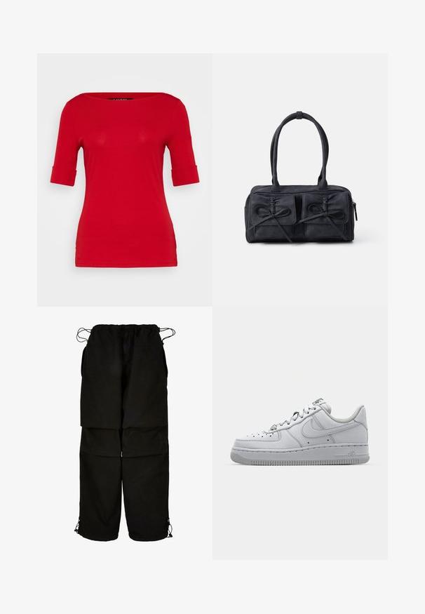 Lauren Ralph Lauren Petite JUDY ELBOW SLEEVE - Camiseta básica - festive red; Pantalones negros hechos de una tela ligera, con una cintura ajustable y bajos con cordones. Diseñados con un corte holgado y oversized, y múltiples bolsillos.; Zapatilla de cuero blanca con diseño de bajo corte, punta redonda, detalles perforados y suela de goma texturizada. Presenta acentos grises en la lengüeta.; Bolso de tela negra con dos bolsillos frontales que presentan detalles de lazo, asas dobles y cierre de cremallera. Textura suave y forma rectangular.