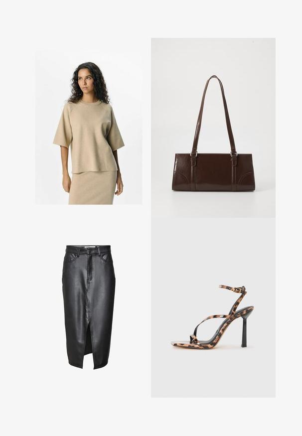 Top in maglia beige a maniche corte e scollatura tonda, con una vestibilità rilassata e una texture liscia. Abbinato a una gonna coordinata.; Camicia nera con bottoni, caratterizzata da una parte superiore liscia e un orlo in pizzo con motivi floreali. Il colletto è strutturato, con bottoni perlati lungo la parte frontale.; Gonna in pelle nera con design a lunghezza media, caratterizzata da uno spacco frontale, passanti per cintura classici e dettagli cuciti lungo le cuciture.; Sandali con tacco alto e cinturini, con punta quadrata, caratterizzati da una stampa leopardata in tonalità di marrone e nero su una finitura lucida.; Borsa in pelle verniciata marrone di forma rettangolare, con due manici lunghi e sottili accenti curvi sul davanti.