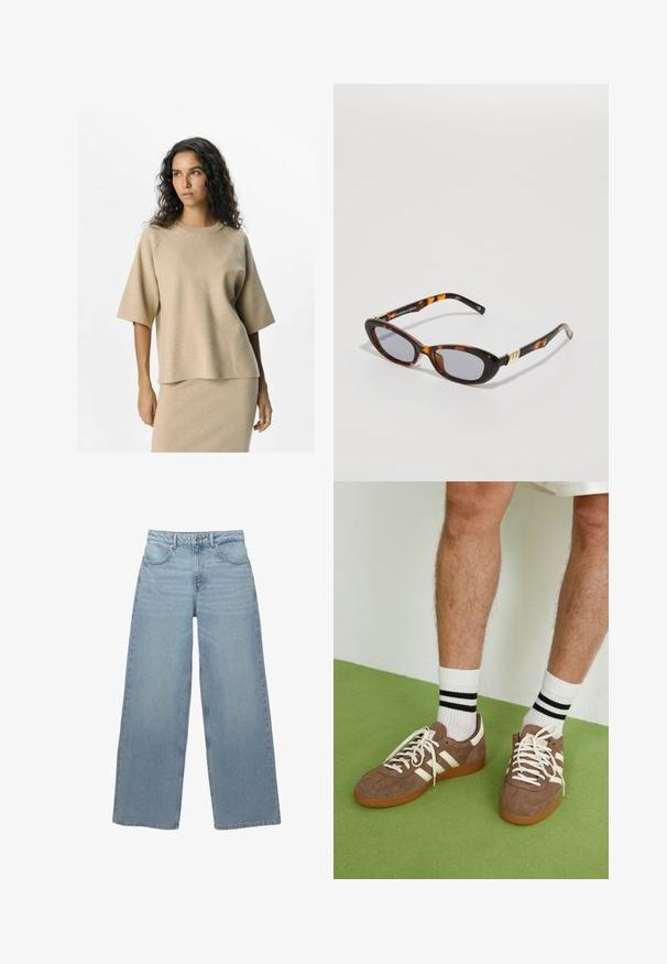 Top in maglia beige a maniche corte e scollatura tonda, con una vestibilità rilassata e una texture liscia. Abbinato a una gonna coordinata.; Jeans a gamba larga blu chiaro in denim di cotone, dotati di cinque tasche, chiusura frontale con bottone e orlo con frange minime.; Sneaker in suede marrone con dettagli e lacci bianchi. Suola in gomma color gomma. Indossati con calzini bianchi con righe nere. Pavimento verde texturizzato.; Occhiali da sole tartarugati con una elegante montatura ovale, lenti grigie e accenti dorati sulle astine, che mettono in mostra un design audace e finitura lucida.; Borsa a spalla in tessuto marrone con un corpo ampio e arrotondato e una grande maniglia a taglio. Texture morbida, design minimalista e senza hardware visibile.