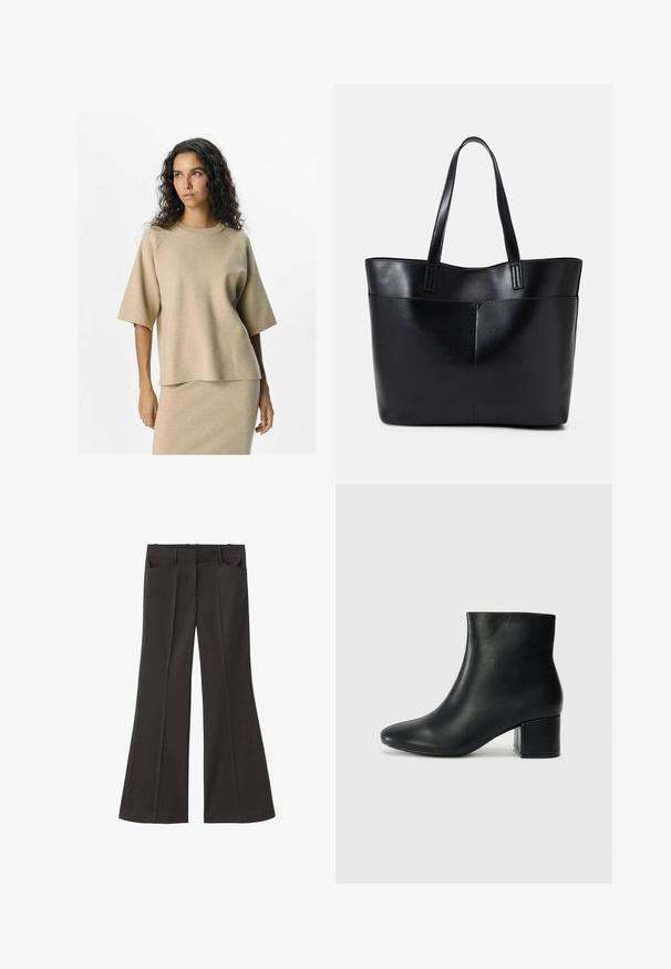 Beige Stricktop mit kurzen Ärmeln und rundem Ausschnitt, das einen lässigen Schnitt und eine glatte Textur aufweist. Kombiniert mit einem passenden Rock.; Schwarze, weit geschnittene Hosen mit hoher Taille; verfügt über zwei Fronttaschen und eine glatte Stoffoberfläche. Geeignet für verschiedene Anlässe.; Schwarze Leder-Ankle-Boots mit spitzem Zehenbereich und klobigem Absatz. Glatte Textur mit minimalen Akzenten und einem eleganten, taillierten Design.; Schwarze Leder-Shopper-Tasche mit zwei langen Griffen, einer glatten Textur und einer strukturierten Form. Verfügt über eine Vordertasche für zusätzlichen Stauraum.