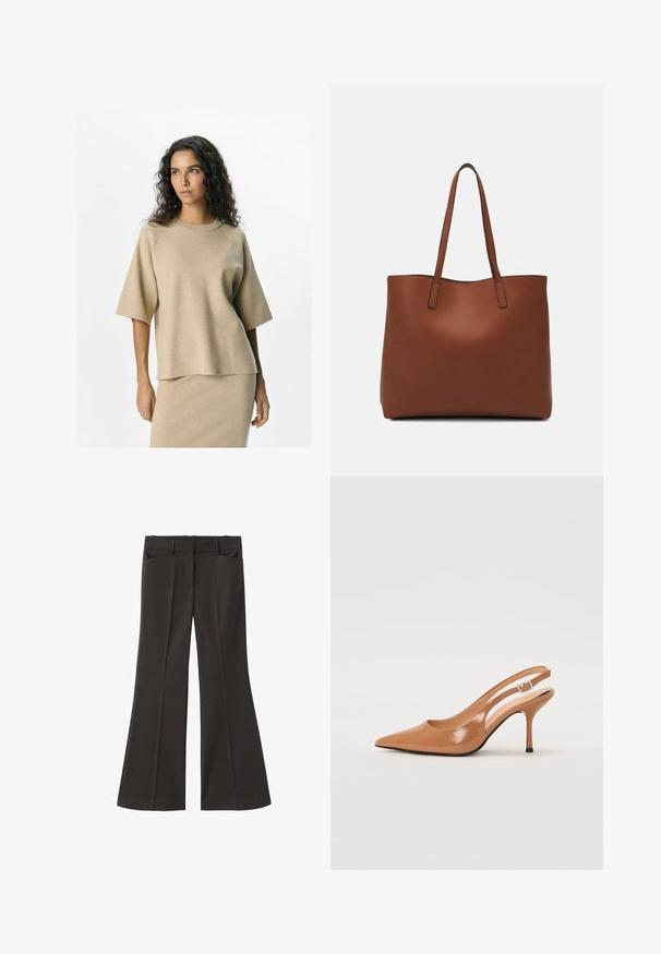 Beige Stricktop mit kurzen Ärmeln und rundem Ausschnitt, das einen lässigen Schnitt und eine glatte Textur aufweist. Kombiniert mit einem passenden Rock.; Schwarze, weit geschnittene Hosen mit hoher Taille; verfügt über zwei Fronttaschen und eine glatte Stoffoberfläche. Geeignet für verschiedene Anlässe.; Spitz zulaufender Slingback-Absatz aus einem glatten, glänzenden, tanfarbenen Material. Mit einem geschwungenen Ausschnitt-Design und einem schlanken Stiletto-Absatz. Silberne Schnallendetails.; Braune Leder-Tote mit glatter Textur, offenem Oberteil und zwei Schulterriemen. Verfügt über minimale Nähte und keine sichtbaren Beschläge.