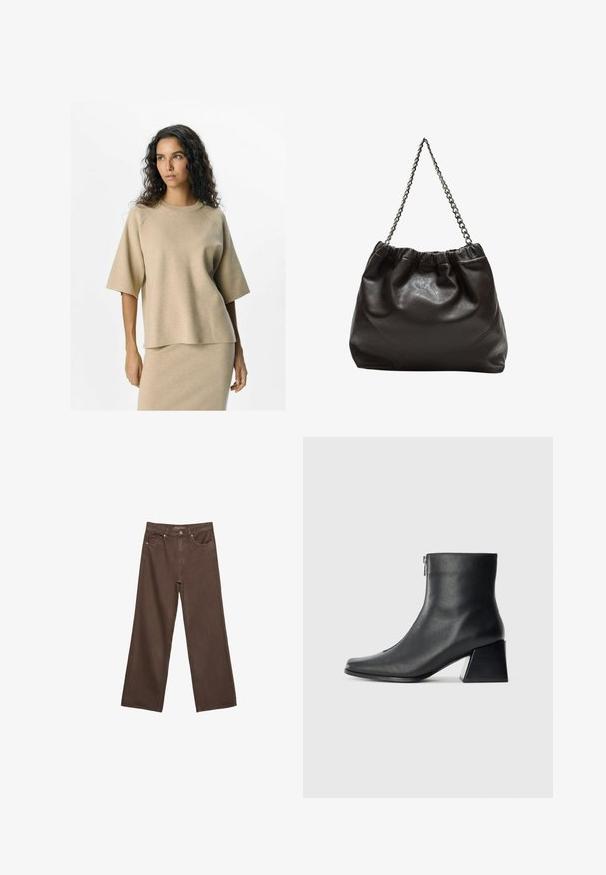 Beige Stricktop mit kurzen Ärmeln und rundem Ausschnitt, das einen lässigen Schnitt und eine glatte Textur aufweist. Kombiniert mit einem passenden Rock.; Weite braune Jeans aus Denim, mit hoher Taille, Fronttaschen und klassischem Knopfverschluss. Glatte Textur mit feinen Nähten.; Schwarze Lederstiefelette mit quadrater Zehenform, seitlichem Reißverschluss und Blockabsatz vor einem schlichten hellen Hintergrund.; Braune Lederhandtasche mit gerafftem Oberteil und Kettenriemen. Glatte Textur mit glänzendem Finish und subtilen Nahtdetails an den Seiten.