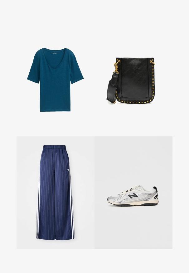 Türkisfarbener V-Ausschnitt-T-Shirt aus weichem Material, mit kurzen Ärmeln und lockerer Passform. Glatte Textur mit minimaler Detailgestaltung.; Navyblaue, weit geschnittene Hose mit vertikalen weißen Streifen, elastischem Bund und drei weißen Streifen an jeder Seite, aus leichtem Material gefertigt.; Grauer und weißer Sportschuh mit abgerundeter Zehe, aus Mesh- und Synthetikmaterialien, schwarzen Akzenten und einer strukturierten Gummisohle.; Schwarze Ledertasche mit goldenen Nieten entlang der Ränder, flacher Form und einem verstellbaren Tragegurt mit einem goldfarbenen Verschluss.