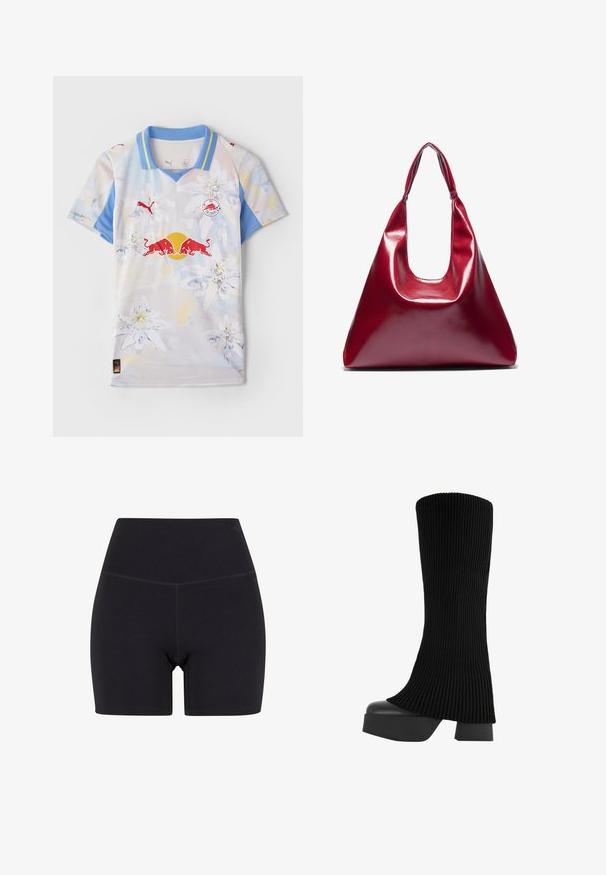 T-shirt à manches courtes dans des couleurs claires avec un motif floral. Doté d'un col bleu, de patchs de logo et d'un tissu léger et lisse.; Shorts noirs taille haute en tissu extensible. Caractéristiques : une taille élastique, une texture lisse et une longueur mi-cuisse avec un design sans couture.; Botte noire montante en tissu côtelé, avec une semelle plateforme épaisse et un talon bloc, présentant une texture lisse et un design moderne et épuré.; Sac à main en cuir laqué rouge de forme triangulaire, avec une large ouverture en haut et une seule anse courbée. Texture lisse avec des détails de couture minimaux.