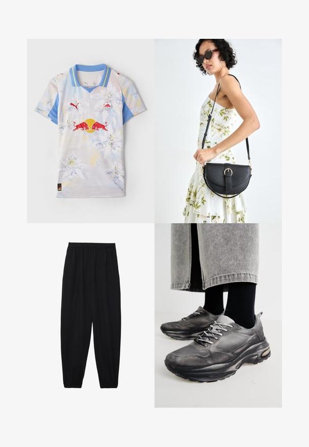 Korte mouw jersey in lichte kleuren met bloemmotief. Heeft een blauwe kraag, logopatches en een gladde, lichte stof.; Zwarte, lichte broek met een elastische tailleband en gathered enkels. De stof is glad en heeft een ontspannen, taps toelopend ontwerp.; Zwarte en grijze sport schoenen hebben een mesh bovenkant, dikke zolen en veters. Ze hebben een ronde neus en zichtbare dempingsdetails.; Zwarte leren handtas met een gebogen vorm, afneembare schouderband en gouden hardware. De tas heeft een klep met een gespsluiting.