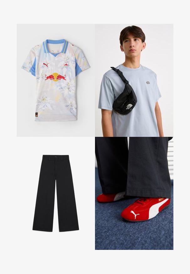 T-shirt à manches courtes dans des couleurs claires avec un motif floral. Doté d'un col bleu, de patchs de logo et d'un tissu léger et lisse.; Pantalons noirs à jambe large en tissu tissé doux. Caractéristiques : plis pressés, passants de ceinture et finition soignée et ajustée.; Baskets en suède rouge avec des accents blancs, dotées d'un matériau texturé, d'une pointe arrondie et d'un logo doré sur le côté, portées avec un pantalon noir.; Sac banane en nylon noir avec bandoulière adjustable, arborant un logo blanc bien visible. Porté par-dessus un t-shirt bleu clair. Design simple et fonctionnel.