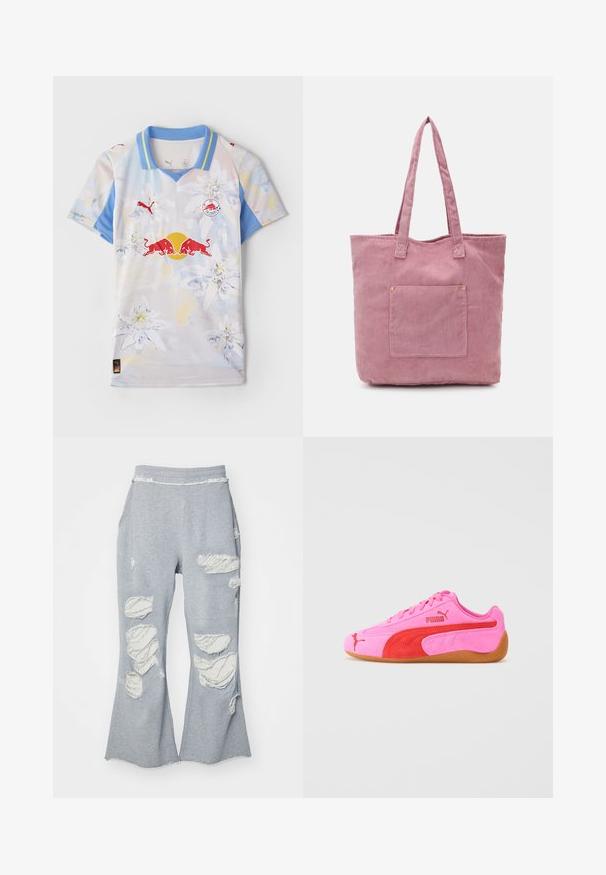 Kortærmet trøje i lyse farver med blomsterdesign. Har en blå krave, logo patches og et glat, let stof.; Grå sweatpants med et design med udvidede ben, der har flere slidte lapper, som viser lettere stof. Elastisk talje for komfort.; Rosa ruskind atletiksko med røde accenter, en gummisål og signaturlogo-detaljer. Har en rund tå og snørebåndsdesign.; Lyserød corduroy tote taske med to lange håndtag, med en frontlomme og subtil ribbet tekstur. Glat indvendigt.