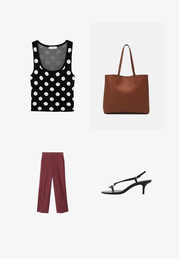 Top negru fără mâneci, cu buline albe mari, decolteu rotund. Fabricat din material tricotat moale, cu un finisaj texturat.; Pantaloni largi de culoare vișinie, cu o textură fină, dotate cu buzunare laterale și un design cu talie înaltă. Croiți cu o pliu curat pe față.; Sandal cu toc kitten din piele neagră, cu curele subțiri, cataramă aurie și buclă minimalistă pentru degetele de la picioare, pe un fundal alb.; Geantă de umăr din piele maro cu o textură netedă, design cu vârf deschis și două curele pentru umăr. Prezintă cusături minime și fără componente metalice vizibile.