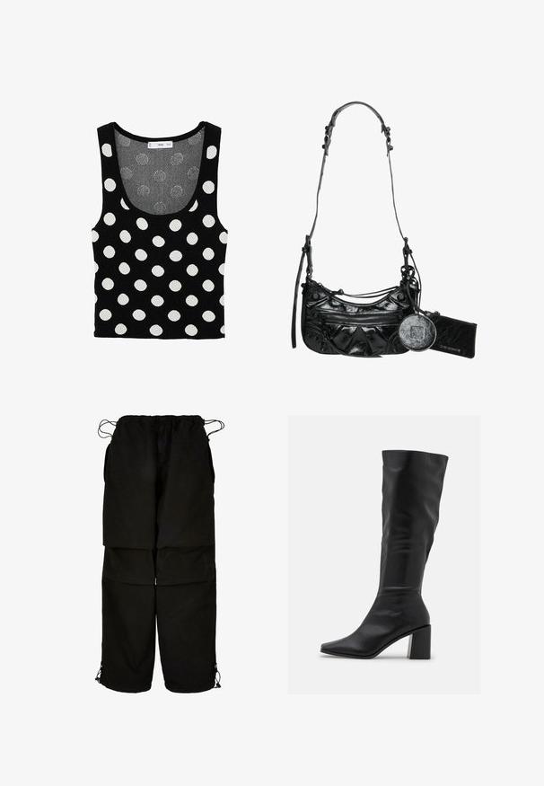 Top nero senza maniche con grandi pois bianchi, scollatura a barca e design senza maniche. Realizzato in morbido tessuto lavorato a maglia con finitura testurizzata.; Pantaloni neri realizzati in tessuto leggero, con vita regolabile e orli con cordoncino. Progettati con una vestibilità ampia e diverse tasche.; RAID BLICK - Stivali alti - black; Borsa a tracolla in pelle sintetica nera con design curvo, tasca anteriore con zip e hardware decorativo, completa di una pochette rotonda staccabile per le monete.
