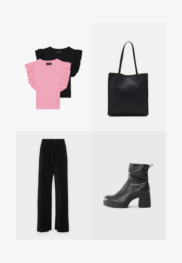 Dos camisetas de manga corta: una rosa con mangas acampanadas y la otra negra con ruffles similares. Ambas tienen un cuello redondo y están hechas de material de algodón.; Pantalones negros de pliegues con una cintura elástica. Presentan piernas anchas y una tela suave y texturada con rayas verticales.; Botines negros de tobillo, hechos de cuero suave, con cierre lateral, tacón grueso texturizado y diseño de punta redondeada.; Bolso tote de cuero negro con textura lisa, forma rectangular y dos asas largas. Sin herrajes ni adornos visibles.