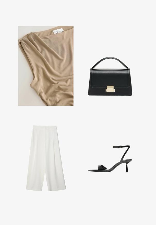 Tessuto beige caratterizzato da morbide cadute e una superficie liscia, con un'etichetta visibile sul bordo superiore che indica il marchio o la collezione.; Pantaloni bianchi a gamba larga e cropped con una texture liscia, caratterizzati da una parte anteriore piatta e senza chiusure o tasche visibili.; Bershka Sandali con tacco - black; Borsa a tracolla in pelle nera con design strutturato, manico superiore e dettaglio in metallo dorato sulla parte frontale. Texture liscia, cuciture minime.