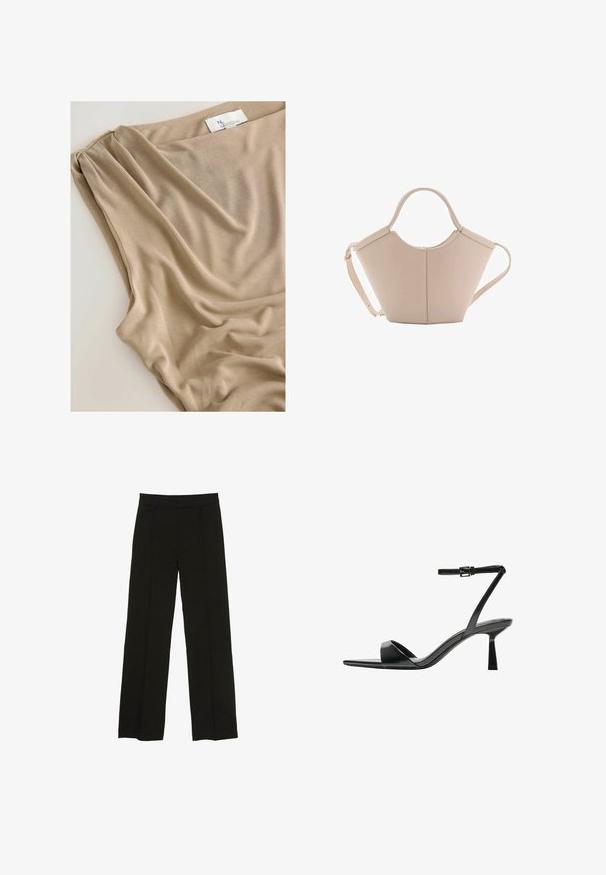 Beige stof met zachte draping en een gladde textuur, met een label zichtbaar aan de bovenrand dat het merk of de collectie aangeeft.; Zwarte wijde pantalon gemaakt van een soepele stof, met een aansluitende tailleband en subtiele plooien aan de voorkant voor extra textuur.; Bershka Sandalen met hoge hak - black; Beige leren handtas met een unieke vorm, voorzien van twee korte handvatten en een lange verstelbare schouderriem. Glad oppervlak met minimale hardware.