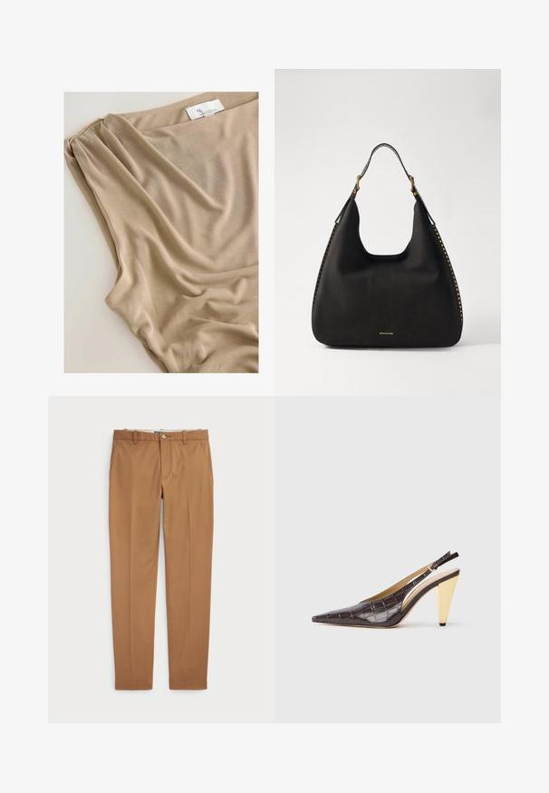 Beżowy materiał z miękkim drapowaniem i gładką teksturą, z widoczną metką na górnej krawędzi wskazującą markę lub kolekcję.; Brązowe bawełniane spodnie w fasonie slim-fit, z płaskim przodem i standardowymi kieszeniami; gładka tekstura i podwinięte mankiety.; Sandały na obcasie z przeszyciem w ciemnym brązowym lakierowanym faux krokodyle. Posiadają złoty geometrzyczny obcas oraz regulowany pasek wokół kostki.; MICHAEL Michael Kors NOLITA czarny