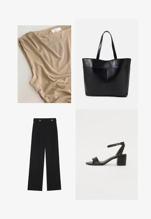 Tela beige con suaves drapes y textura lisa, con una etiqueta visible en el borde superior que indica la marca o la colección.; Pantalones de pierna ancha negros con cintura alta, detalles de botones en la cinturilla y pliegues en la parte delantera.; Sandalia de tacón negro con parte superior de cuero suave, punta abierta, tiras frontales anchas y correa ajustable en el tobillo con detalle de hebilla dorada.; Bolso tote de cuero negro con dos asas largas, textura suave y forma estructurada. Cuenta con un bolsillo frontal para almacenamiento adicional.