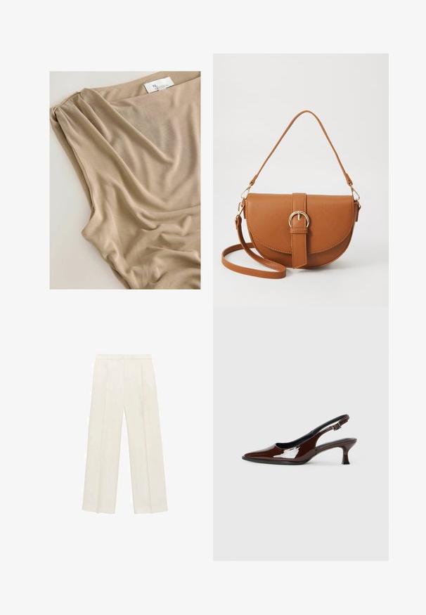 Bežna tkanina z mehkimi gubami in gladko teksturo, z oznako, ki je vidna na zgornjem robu in označuje blagovno znamko ali kolekcijo.; Hlače širokih nogavic v svetli kremni barvi. Narejene iz gladkega materiala s plitkimi naborki spredaj in stranskimi žepi.; Rjavi lakirani slingback čevelj z ostro konico in zmerno peto. Ima zaponko za varno prileganje. Gladka tekstura.; Rjava usnjena torbica prek telesa s ukrivljeno obliko, zlate opreme in sponko. Ima odstranljiv naramni trak.