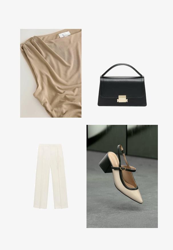 Beige kangas yambayo na utelezi laini, ukiwa na lebo inayoonekana katika kipengele cha juu ikionesha chapa au mkusanyiko.; Valkoiset leveälahkeiset housut vaaleassa kermassa. Valmistettu sileästä kankaasta, jossa on laskokset edessä ja sivutaskut.; Beige slingback-kengät, joissa on musta reuna, kultahakas, ja paksu lohkoheel, harmaalla lattialla tummanvihreää taustaa vasten.; Musta nahkakäsilaukku, jossa on jämäkkä muotoilu, yläkahva ja kultainen metallisolki edessä. Sujuva pinta, minimaalinen ompelu.