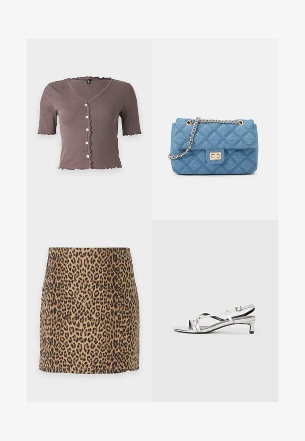 Hnedý rebrovaný top s krátkym rukávom a vlnitým výstrihom a lemom, s piatimi malými krémovými gombíkmi vpredu.; Mini sukňa s leopardím vzorom, ktorá má priliehavý strih a hladkú textúru, pieskový podklad a čierne škvrny. Ukončenia lemu sú čisté a bez ozdôb.; Strieborné metalické sandále na podpätku s nízkym podpätkom, s krížovými remienkami a hladkým povrchom. Minimalistický dizajn.; ONLY ONLFLORENCE CROSSBODY BAG - Taška cez plece - blue denim/gold