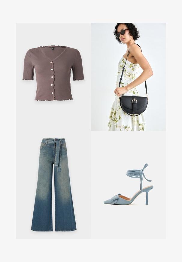 Pruun soonik, millel on lühikesed varrukad ja laineline kaelus ning krae, ees viie väikese kreemja nupuga.; Laiad denimpüksid, millel on hele tume sinine gradiendiefekt, kõrge vöökoht, vöökumlid ja sobivast kangast vöö. Struktureeritud denimi viimistlus.; Kitsas varbaga kõrge kontsaga kingad helesinisest kangast, millel on tekstuuriga viimistlus, kaunistatud paeltega ja pahkluuringiga, tagamaks kindlat sobivust.; Mustmust mustraha kõverate joontega, eemaldatava rihmaga ja kuldsete detailidega. Kotil on klapp, millel on pandladetail.