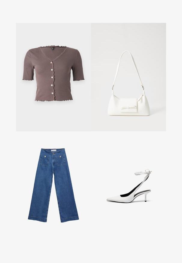 Top corto a maniche corte marrone a coste con scollatura e orlo ondulati, caratterizzato da cinque piccoli bottoni color crema sulla parte anteriore.; Jeans in denim a gamba larga con un lavaggio blu medio, due tasche frontali con chiusura a bottone e dettagli cuciti lungo gli orli.; Tacchi slingback bianchi a punta con cinturino sottile alla caviglia. Materiale in pelle liscia, tacco stiletto sottile e rivestimento interno nero.; Borsa sintetica bianca a forma triangolare, con patta anteriore piatta e dettaglio a fiocco, tracolla regolabile, texture liscia e design minimalista.