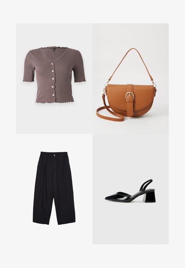 Smeđi rebrasti top s kratkim rukavima, s oštricom na izrezu i rubu, koji ima pet malih krem dugmadi na prednjoj strani.; Crne poliester hlače culotte s elastičnim pojasom, dva prednja nabora i širokim krojem. Nema vidljivih uzoraka ili metalnih detalja.; Crne lakirane kožne sandale s otvorenom petom i špicastim vrhom, s geometrijskom blok petom. Imaju elegantan, minimalistički dizajn i glatku teksturu.; Smeđa kožna torba preko tijela s zakrivljenim oblikom, zlatnim metalnim detaljima i naglaskom na kopču. Ima odvojivu naramenicu.