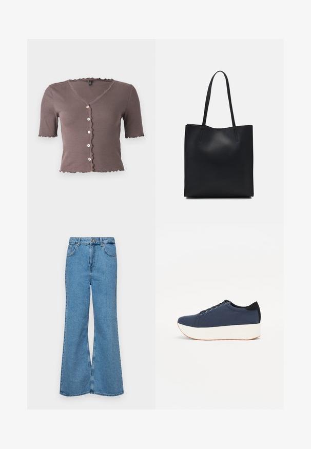 Brun ribbet kortærmet top med scallopudskæringer ved hals og kant, der har fem små cremede knapper foran.; Lysblå flagrende jeans lavet af denim, med høj talje, fem lommer og en enkelt knaplukning. Blød tekstur med en falmet finish.; Mørkeblå sneakers med en struktureret stofoverdel, hvid platformssål, rund tå og sort hælakkent. Har seks snøreøjer til snørebånd.; Sort læder tote taske med glat tekstur, rektangulær form og to lange hanke. Ingen synlig hardware eller udsmykninger.