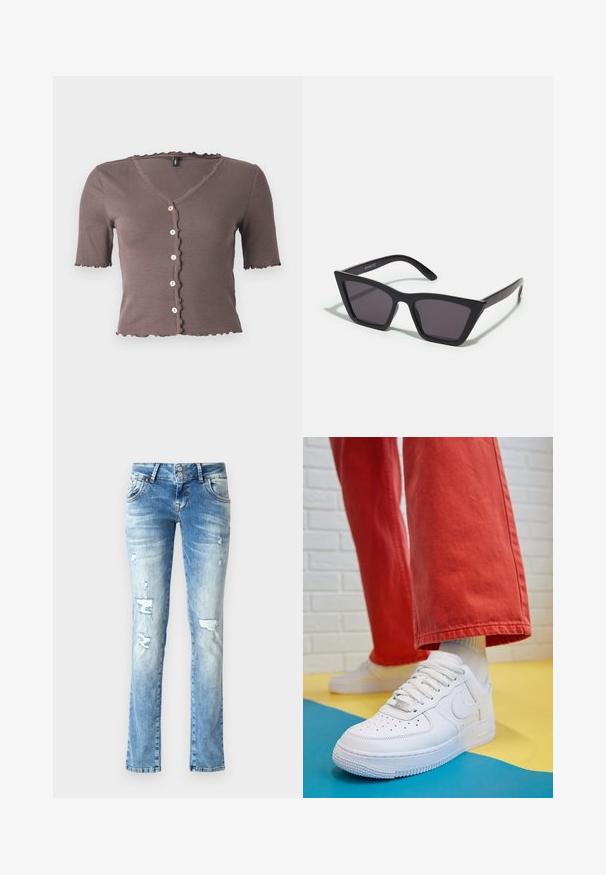 Top corto a maniche corte marrone a coste con scollatura e orlo ondulati, caratterizzato da cinque piccoli bottoni color crema sulla parte anteriore.; Jeans in denim blu chiaro con una vestibilità rilassata, caratterizzati da dettagli strappati, una chiusura con bottoni a due pulsanti e gamba dritta.; Sneaker bianco in pelle con punta perforata, suola testurizzata e lacci bianchi, abbinati a pantaloni rossi larghi e uno sfondo blu e giallo.; Occhiali da sole neri e angolari con lenti grigie; realizzati in plastica, con aste spesse dalla superficie liscia e senza hardware visibile.