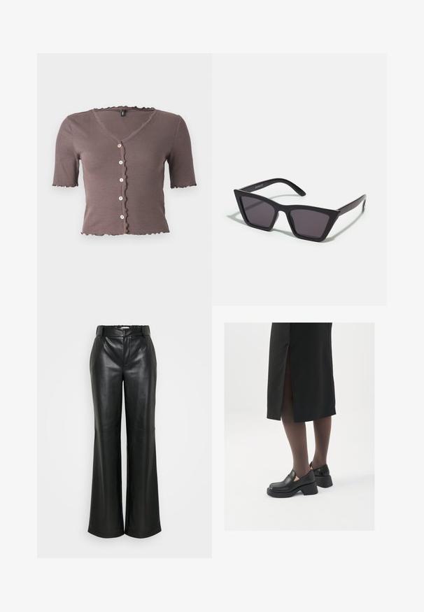 Brown ribbed short-sleeve top with a scalloped neckline and hem, featuring five small cream buttons down the front.; ONLY Tall ONLSMOOTH WIDE - Trousers - black; Black leather shoes with a rounded toe, thick block heel, and elastic side accents, paired with dark tights and a black skirt with a slit.; Black, angular sunglasses with gray lenses; made of plastic, featuring thick arms with a smooth surface and no visible hardware.; Silver hoop earrings with a minimalist design. Circular shape, smooth texture, and thin profile. Lightweight with a polished finish.