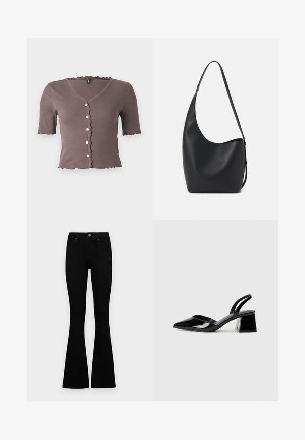 Top scurt cu mâneci scurte de culoare brună, cu un decolteu și un tiv cu margine ondulată, având cinci butoane mici de culoare crem pe față.; Jeans negri cu talie înaltă, cu închidere prin nasture și fermoar, buzunare frontale și picioare evazate, așezați pe un fundal alb.; Pantofi cu toc slingback din piele lacuită neagră, cu vârf ascuțit și toc geometric. Prezintă un design elegant, minimalist și o textură netedă.; Geantă hobo din piele neagră, cu o textură netedă, formă curbată și un singur bretele ajustabil; are o deschidere largă în partea de sus.