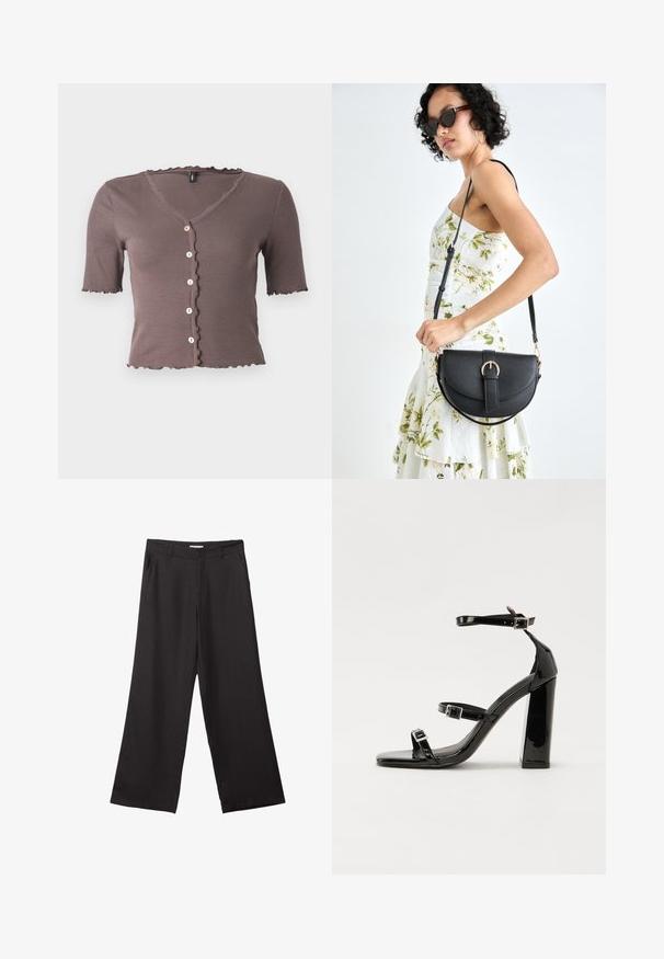 Smeđi rebrasti top s kratkim rukavima, s oštricom na izrezu i rubu, koji ima pet malih krem dugmadi na prednjoj strani.; Crne hlače širokog kroja izrađene od glatkog materijala, s prednjim patentnim zatvaračem i dva bočna džepa, s prilagođenim fitom i minimalističkim dizajnom.; Crne lakirane sandale na pete sa kvadratnim nosom, trakama oko gležnja i srebrnim kopčama. Imaju čvrst blok petu za stabilnost.; Crna kožna torba s lukovitim oblikom, odvojivim remenom i zlatnim detaljima. Torba ima preklop s kopčom.