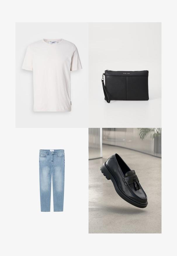 Valge lühikeste varrukatega T-särk peente horisontaalsete triipudega, ümar kaelus, pehme tekstuur ja väike logotag külje peal.; Soe sinine sirge säärega teksapüksid, mis on valmistatud denimist. Omab viit taskut, pleekinud alasid ja sildi vöökoha juures. Ilma kaunistusteta.; Mustad nahast mokassiinid, millel on sile viimistlus, dekoratiivne tutt, paks kummist tald ja õmmeldud detailid. Kerge ja voolujooneline disain.; Must musta klamber, millel on luku sulgemine, randme rihm ja sile tekstuur. Omab peent õmblust ja esiküljel on reljeefne logo.
