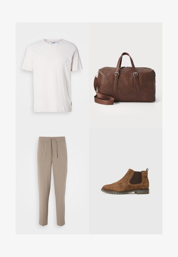 White short-sleeve t-shirt with subtle horizontal stripes, crew neck, soft texture, and a small logo tag on the side.; Light beige trousers with an elastic waistband, adjustable drawstring, and tapered legs. Fabric appears smooth with a slight sheen.; Brown suede Chelsea boot with elastic side panels, a pull tab, and a textured rubber sole featuring grooves for traction.; Brown leather duffel bag with top handles, detachable strap, zip closure, and sleek texture. Minimalist design with no visible logos.
