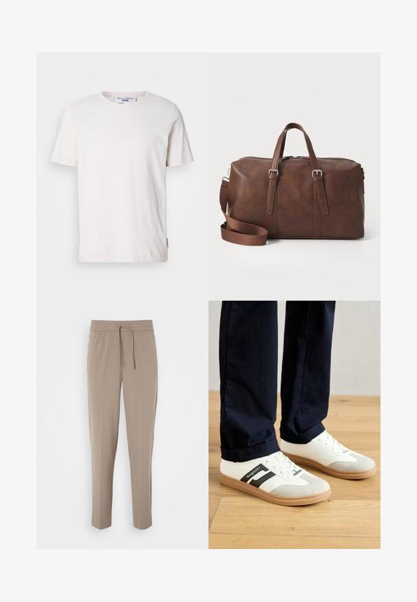 Balti trumpu rankoviu marškiniai su subtiliomis horizontaliomis juostelėmis, apvalia iškirpte, minkšta tekstūra ir maža logotipo etikete šone.; Šviesiai beigės kelnės su elastiniu juosmeniu, reguliuojama raišteliu ir siaurėjantys kojomis. Audinys atrodo lygus su švelniu blizgesiu.; Balti ir pilki sportbačiai su juodais dryžiais, pagaminti iš odos, su guma padėklo ir plokščiomis raišteliais. Dėvimi su tamsiai mėlynomis kelnėmis ant medinės grindų.; Ruda odinė sportinė kuprinė su viršutinėmis rankenomis, nuimamu diržu, užtrauktuko uždarymu ir lygiu paviršiumi. Minimalistinis dizainas be matomų logotipų.