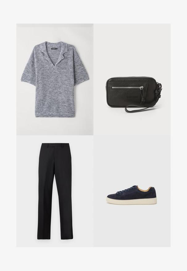 Kurzarm-Pullover aus strukturiertem Strick, mit einem V-Ausschnitt und einer grau-blauen Farbe mit einem subtilen Muster. Weiches, leichtes Material.; Schwarze, gerade geschnittene Hose aus glattem Stoff. Verfügt über einen normalen Bund und keine sichtbaren Muster oder Akzente.; Marineblaues Wildleder-Low-Top-Sneaker mit runder Zehenpartie, off-white Gummisohle und passenden Schnürsenkeln; hat ein kontrastierendes, tannfarbiges Innenfutter.; Schwarze Leder-Clutch mit strukturiertem Oberflächen, Vorderseite mit Reißverschlusstasche und abnehmbarem Handgelenkriemen. Fällt durch ein Logo-Patch auf der Vorderseite auf. Rechteckige Form.