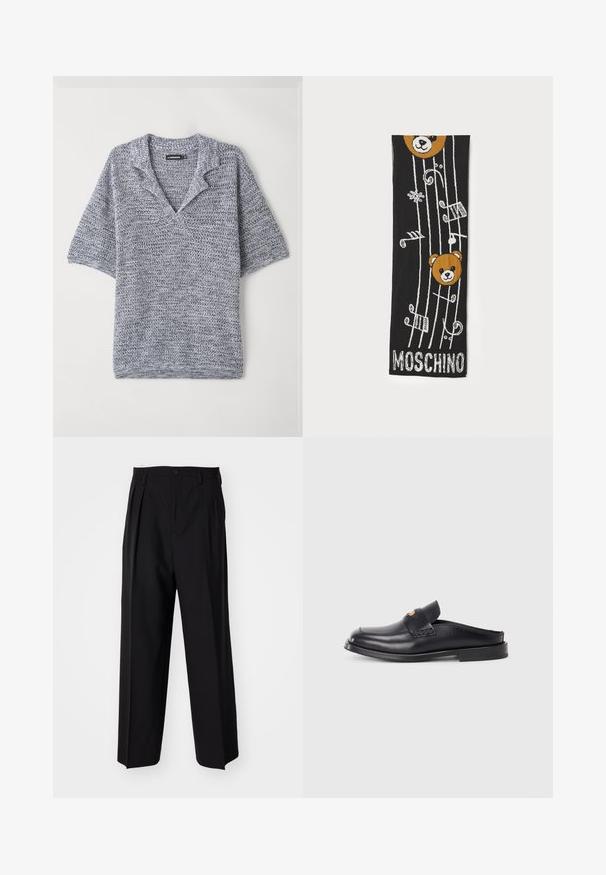 Lyhythihainen neulepaita, jossa on teksturoitu neulos, V-pääntie ja harmaan sininen väri, jossa on hienovarainen kuvio. Pehmeä, kevyt materiaali.; Mustat laskostetut housut, joissa on suora, leveä lahje. Valmistettu sileästä kankaasta, jossa on nappisuljenta ja vyölenkit.; Musta nahkakengät, joissa on pyöreä kärki, matala korko ja kudontatyyli yläosassa. Ominaisuuksina minimaalinen muotoilu ja sileä pinta.; Mustavillainen neulottu huivi, jossa on kaksi ruskeaa karhunpäätä, musiikkinuotteja ja valkoista "MOSCHINO"-tekstiä alareunassa. Pehmeä rakenne ja yksityiskohtainen muotoilu.