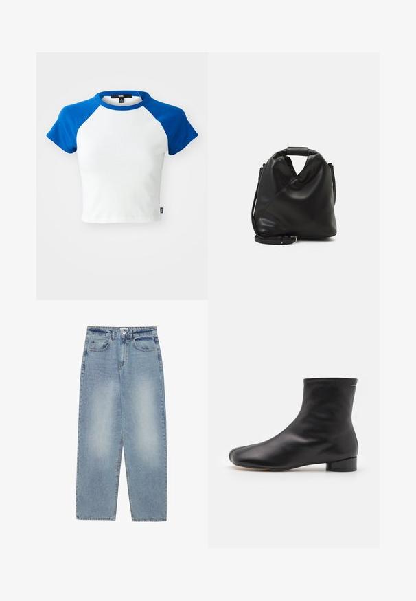 Kurzes, tailliertes T-Shirt mit weißen Körper und blauen Raglanärmeln. Aus Baumwolle gefertigt, mit Rundhalsausschnitt und genähtem Saum.; Hellblaue Jeans aus Denim mit lockerer Passform, geradem Bein, fünf Taschen und Knopfverschluss am Bund. Glatte Textur.; MM6 Maison Margiela BOOT - Stiefelette - black; Schwarze, weiche Ledertasche mit einem einzigartigen verdrehten Design. Hat einen kurzen Griff und einen abnehmbaren Schultergurt. Minimalistischer Stil.