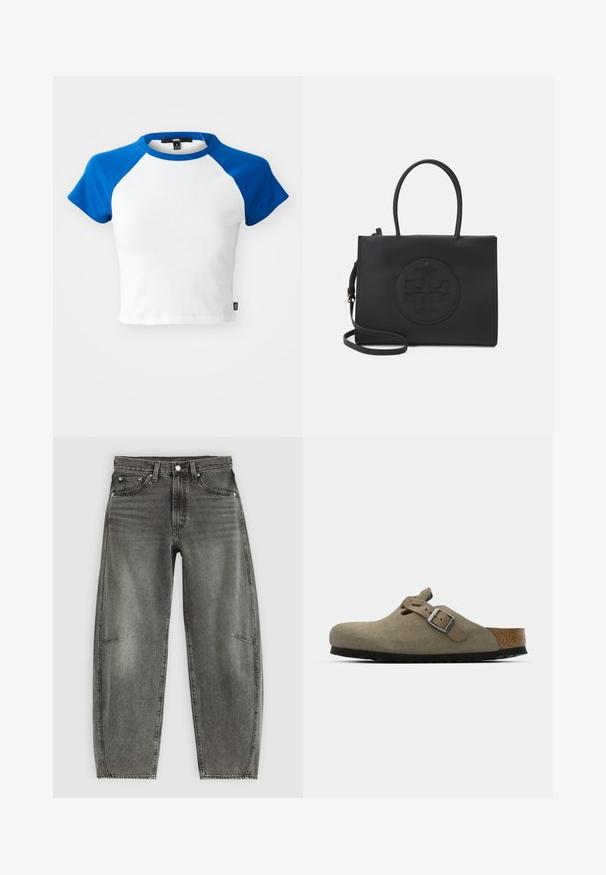 Krótki rękaw, cropped t-shirt z białym korpusem i niebieskimi rękawami raglanowymi. Wykonany z bawełny, z okrągłym dekoltem i przyszytymi brzegami.; Jeansy z wysokim stanem w szarym, przecieranym deninie z pięcioma kieszeniami, zapięciem na guzik i luźnym prostym krojem.; Zamszowe klapki w jasnym oliwkowym kolorze z formowaną korkową i gumową podeszwą. Posiadają boczny pasek z metalowym sprzączką oraz zaokrąglony czubek.; Czarna torebka wykonana z gładkiego materiału z podwójnymi uchwytami, odpinanym paskiem na ramię i okrągłym wytłoczonym logo na przodzie.