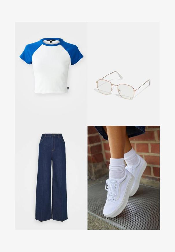 Camiseta corta de manga corta con cuerpo blanco y mangas raglán azules. Fabricada en algodón, presenta un escote de cuello redondo y dobladillo cosido.; Jeans de mezclilla oscuros de tiro alto y pierna ancha, con bolsillos delanteros y traseros, cierre de botón y detalles de costura visibles.; Zapatillas de lona blancas con suelas de goma, que presentan seis ojales, puntera redonda y detalles de costura ligera, combinadas con calcetines blancos hasta el tobillo.; Gafas rectangulares con un delgado marco de metal en color oro rosa. Lentes transparentes, puntas de las patillas transparentes y un delicado detalle alrededor de las lentes.